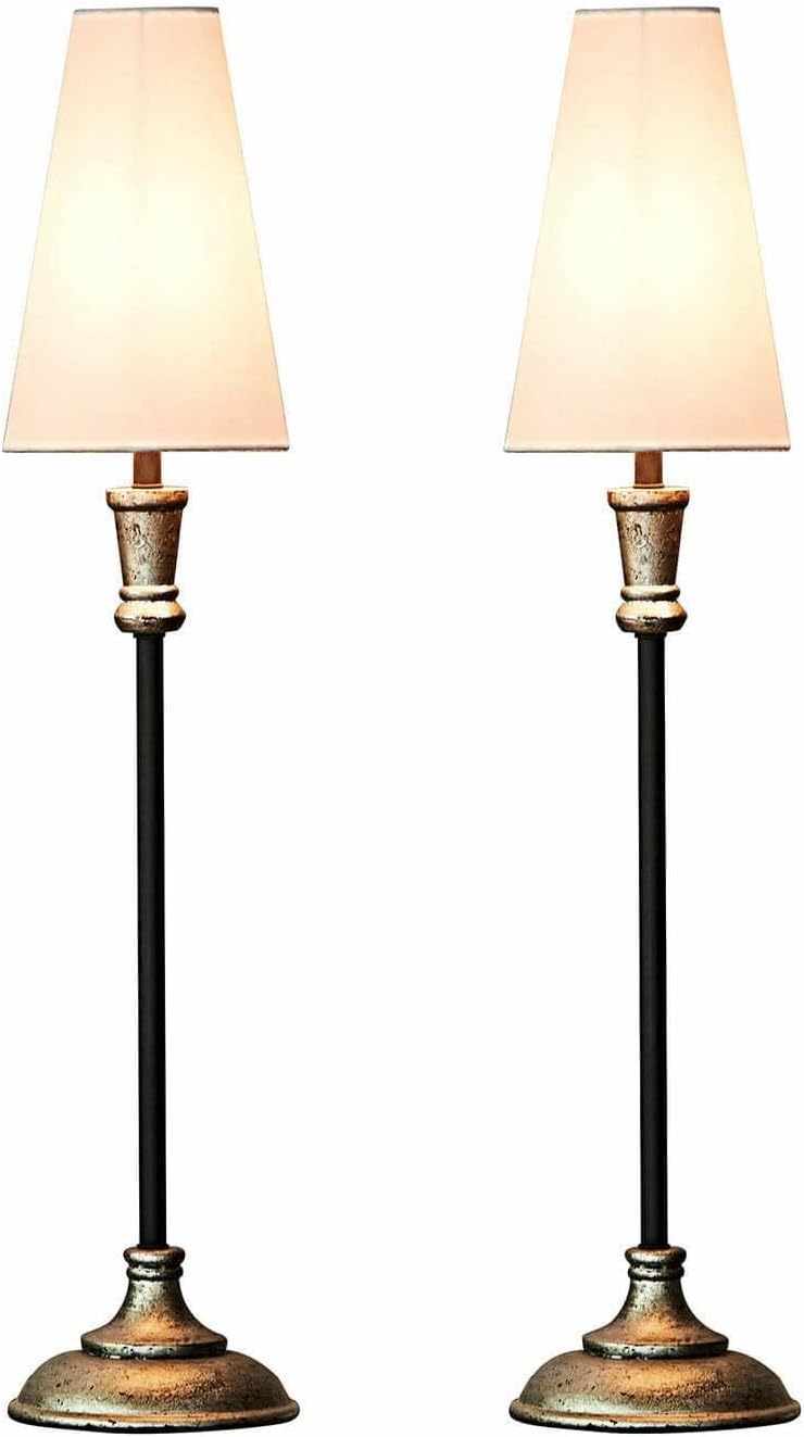 Loberon Tischlampe 2er Set Obsonville, schlanke, hohe Form, klassischer Tütenschirm, Tischleuchte, Wohn-Accessoire, Mangoholz, Eisen, Baumwolle, Silber/schwarz/Creme