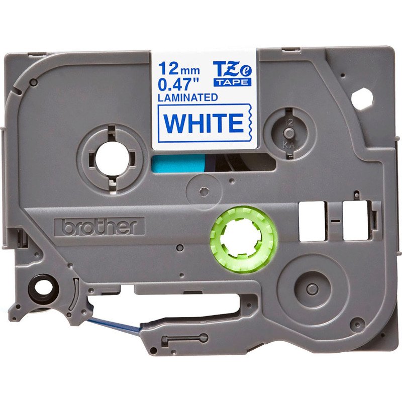 Ruban laminé Brother 12 mm TZE 233 blanc écriture bleue