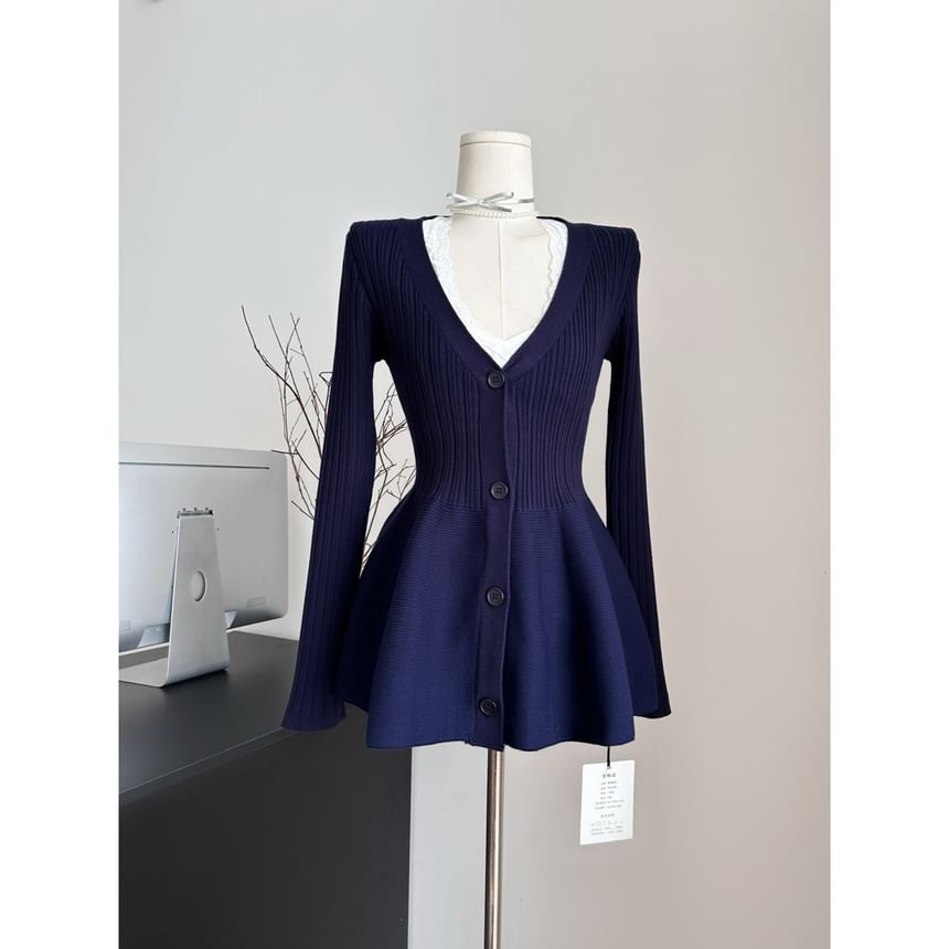 Dute - V-hals kanten crop top / lange mouwen knoopjes-effen mini A-lijn gebreide jurk