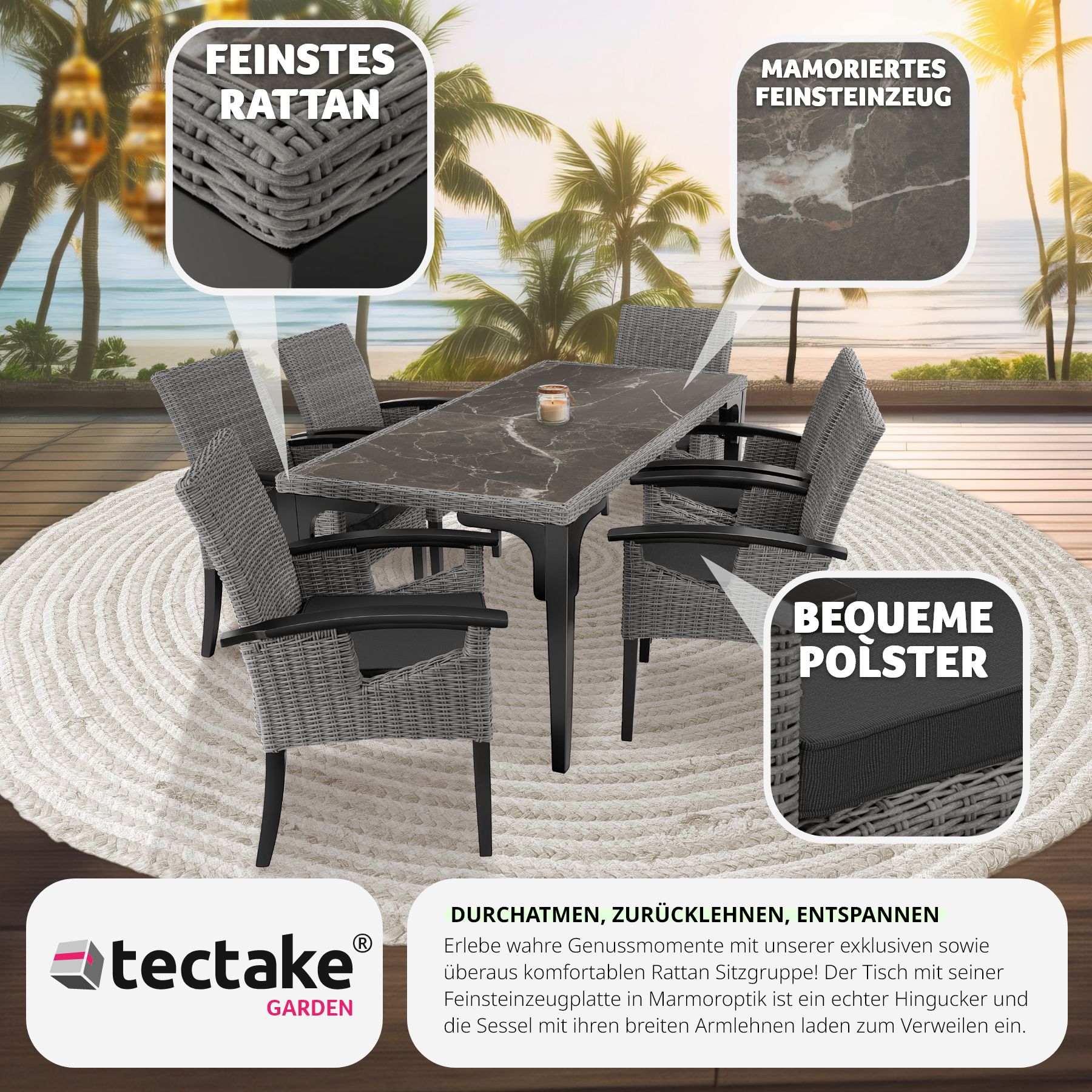 tectake® Rattan Tisch Foggia mit 6 Stühlen Rosarno, mit Holzgestell, wetterfest und UV-beständig, Armlehnen und Beine aus Holz