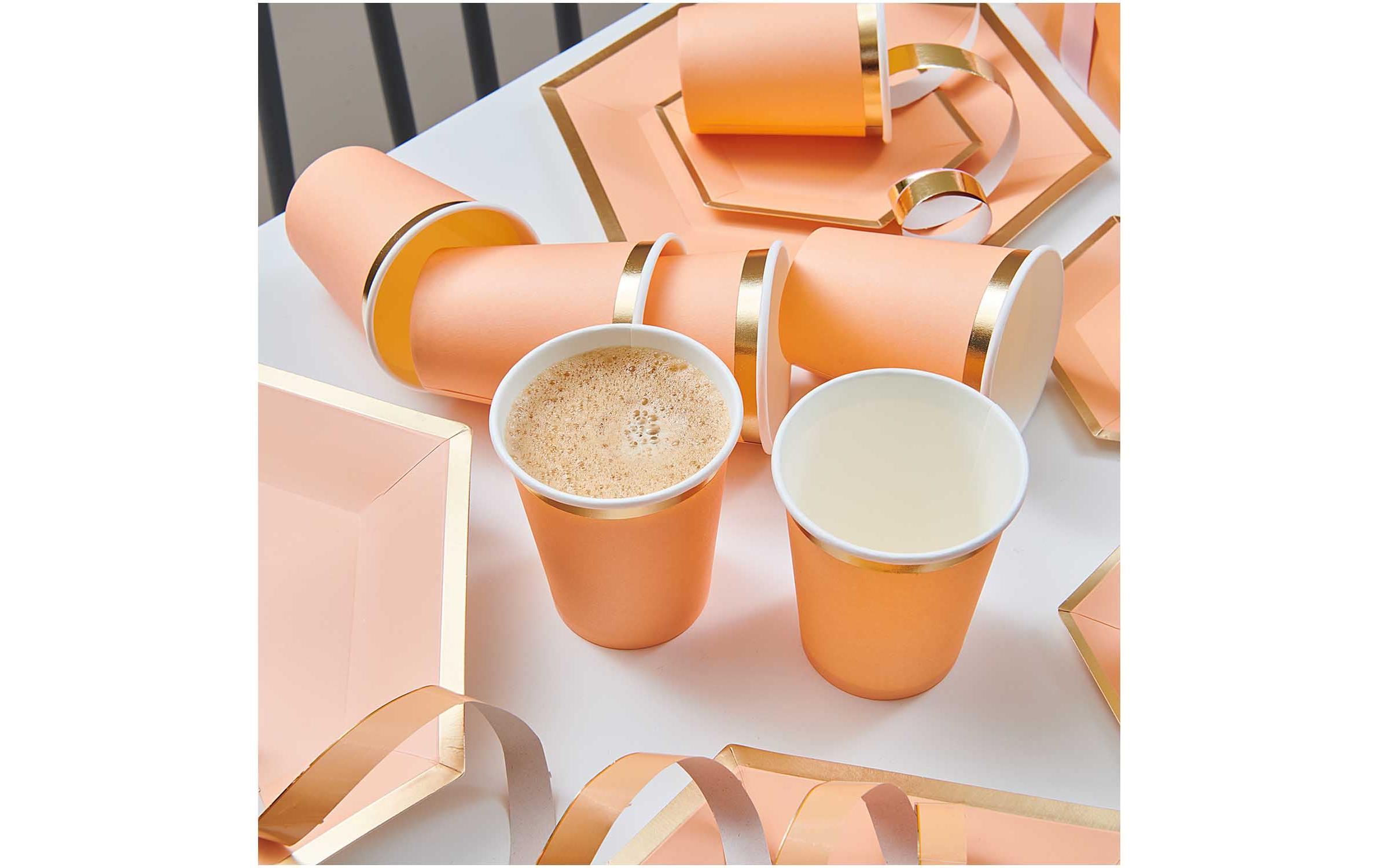 Einwegbecher 250 ml 10 Stück, Aprikose/GoldPappbecher mit Hot Foil Veredelung