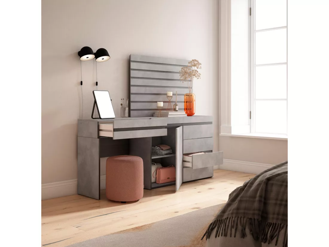Coiffeuse, 177x35x145 cm, Avec tiroir, Commode, Buffet, Panneaux Muraux en Bois, Ciment