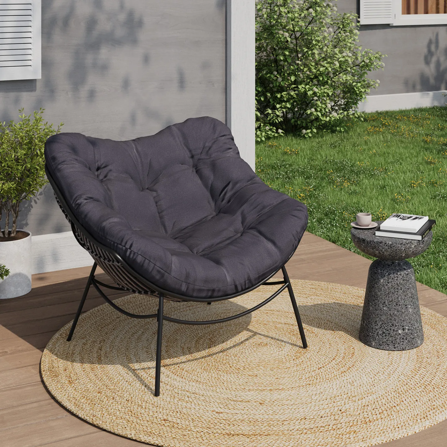 Fauteuil de jardin relax LOA effet rotin gris et coussin gris