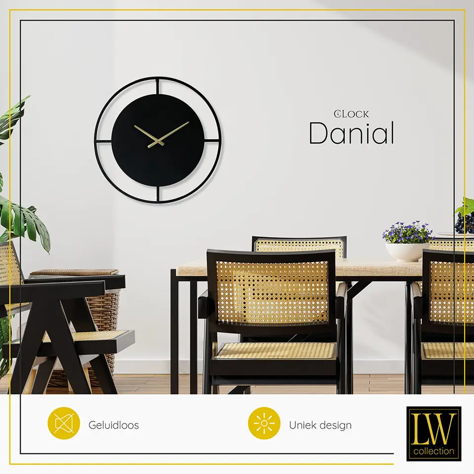 LW Collection Wandklok Danial zwart goud 60cm