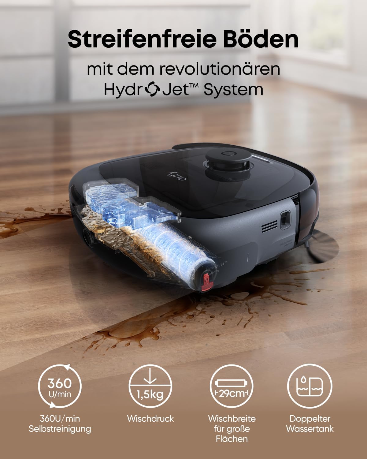 eufy Omni E28 HydroJet Saugroboter mit Wischfunktion, tragbarer Tiefenreiniger, 20.000Pa Turbo-Saugkraft, All-in-One-Station, für Tiere & Kinder. (Generalüberholt)