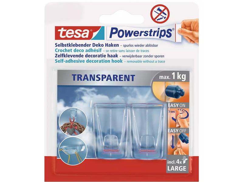 tesa Hakenset Powerstrips DECO Large, 2er Pack Transparente Klebehaken für Deko an Glas und Spiegel, mit bis zu 1 kg Haltekraft, 2x 2 Haken