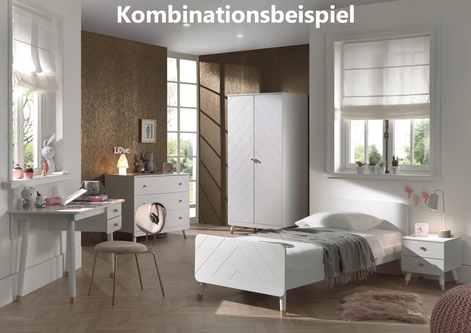 Schreibtisch BILLY - weiß satin - mit 2 Schubkästen