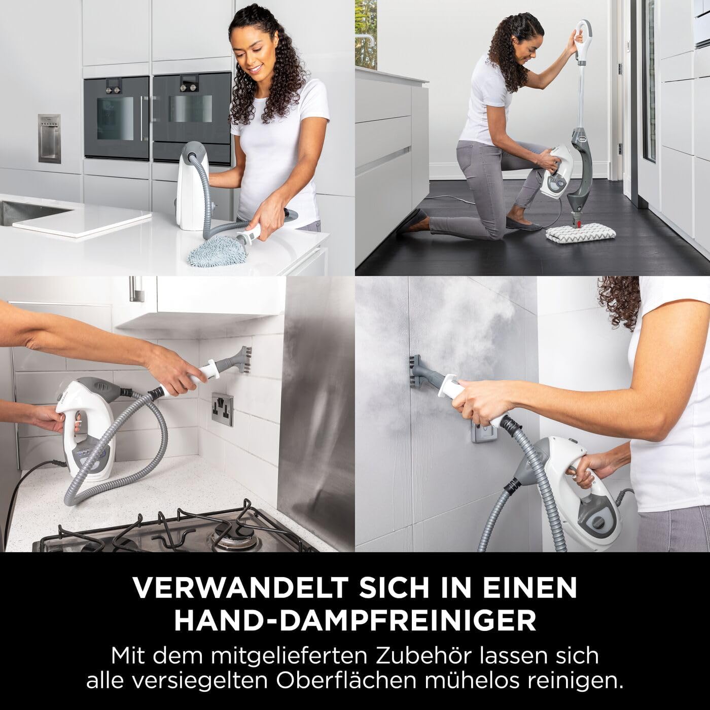 Shark Klik n' Flip Dampfreiniger, Boden- und Handreiniger, Dampfreiniger für Hartböden, Fliesen, Oberflächen, Wasserhähne und Glas, 5 Zubehörteile, 2 Einstellungen, Grau/Weiß S6005EU