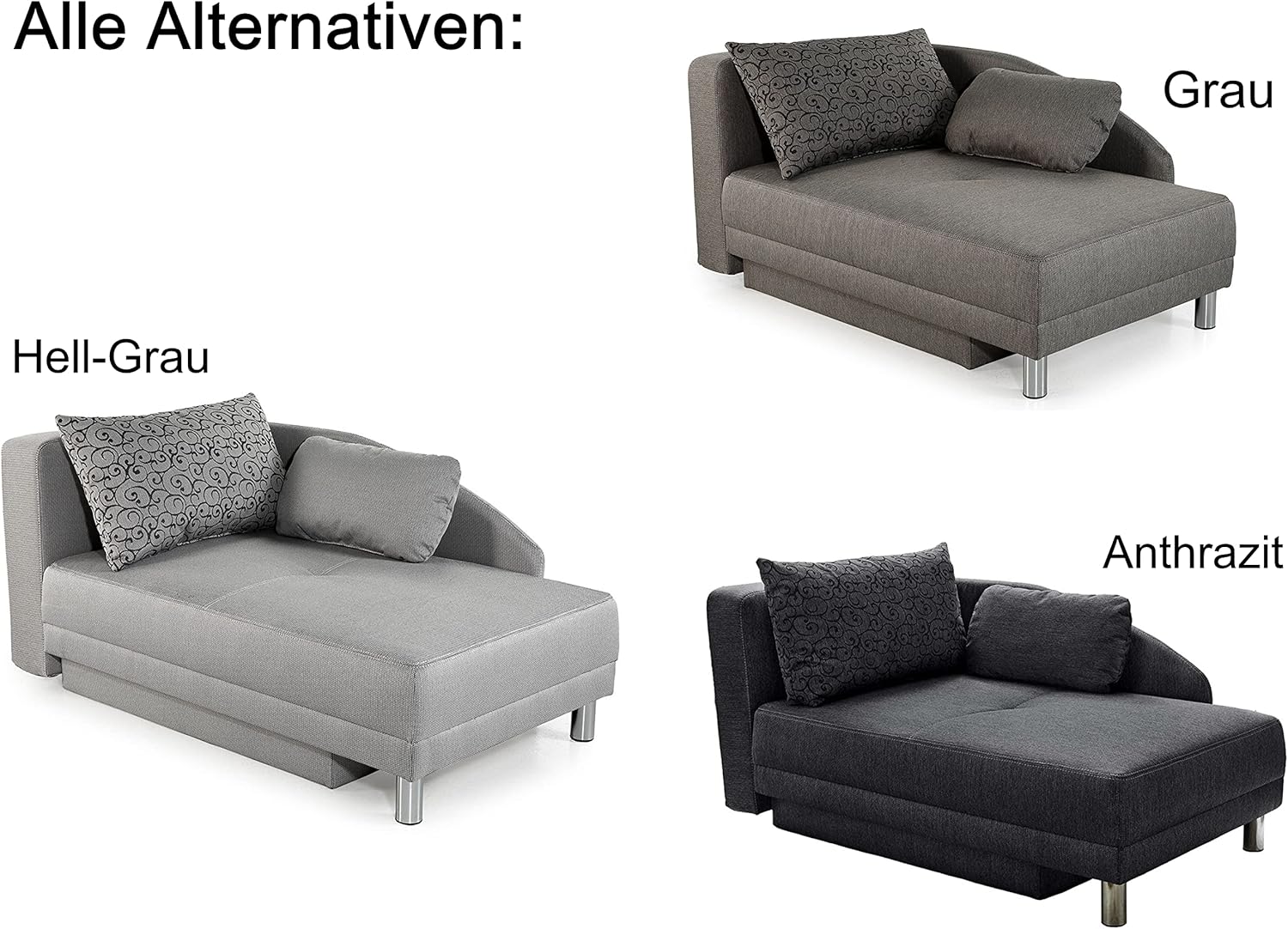 Stilvolle Recamiere mit Federkernpolsterung, Schlaffunktion, Bettkasten, B149/T90/H80 cm, ausziehbar zur Liegefläche von 200 x 84 cm, Stoff Flachgewebe in Anthrazit / 15121
