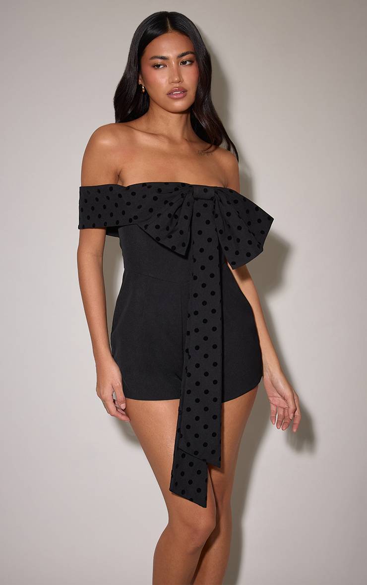 Noir Combi-short Tissée Avec Nœud En Velours Contrasté