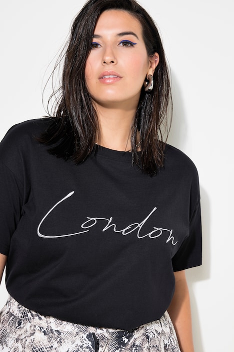 T-Shirt, oversized, gesticktes Glitzer-Statement
