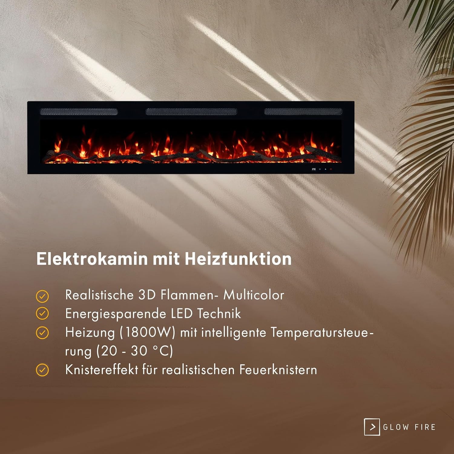 GLOW FIRE Elektrokamin Inside 127 mit realistischem 3D LED-Feuer - Wand-Elektrokamin mit Heizung und Kaminfeuer, App Steuerung, Knistereffekt & Timer, max. 1800 W, 127x35x12cm