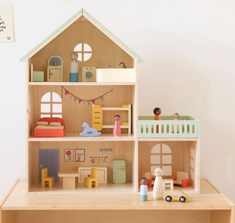 Houten Poppenhuis - Pastel - 15-delige Meubelset - 60 cm Hoog