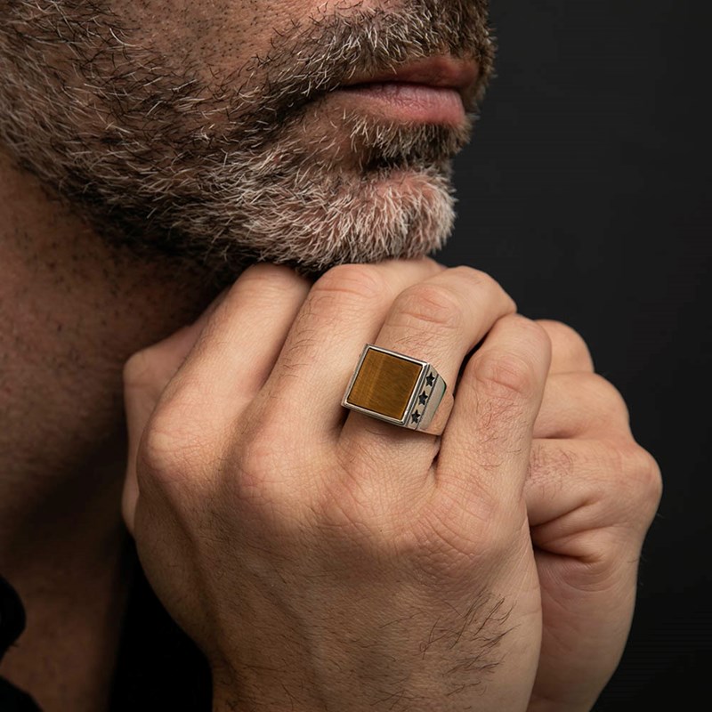 Chevalière Homme étoiles oeil De Tigre Argent