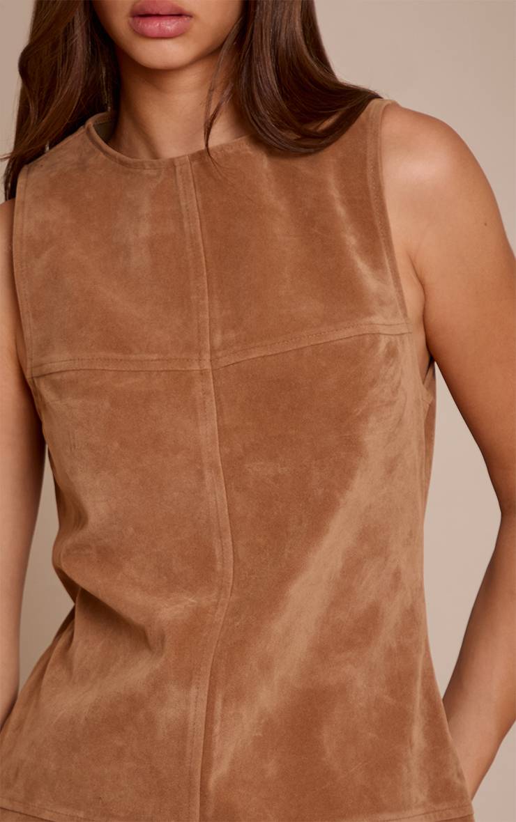 Marron Robe Droite Sans Manches En Faux Suède Structuré Avec Détails De Coutures