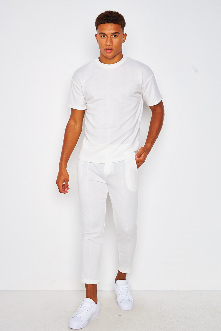 Ensemble blanc couture marquée t-shirt + pantalon