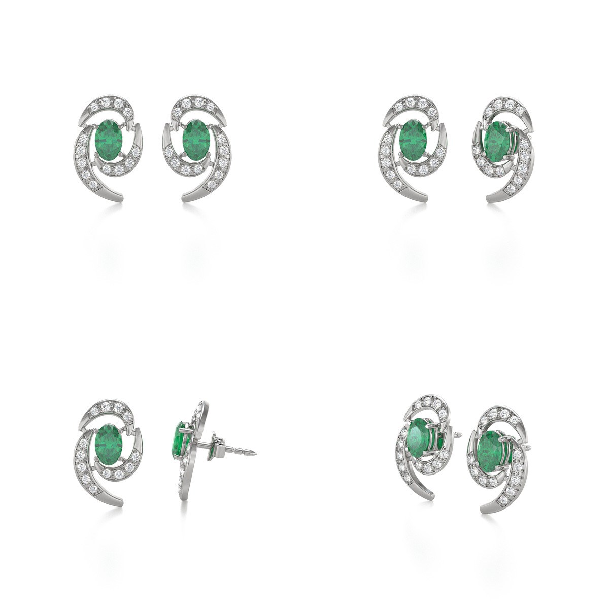 Boucles d'oreilles ADEN Or 585 Blanc et Emeraude 2.6grs