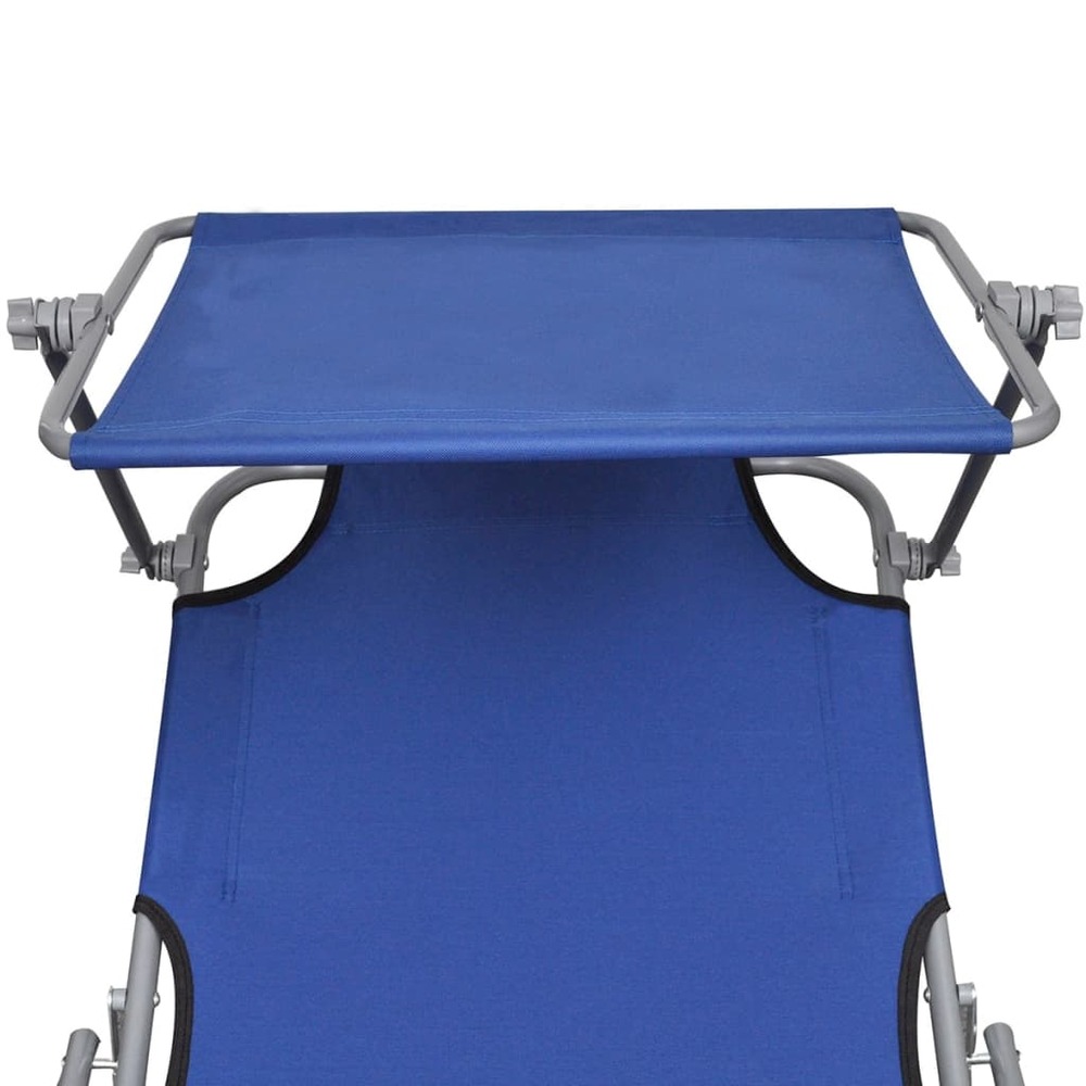 Transat chaise longue bain de soleil lit de jardin terrasse meuble d'extérieur pliable avec auvent acier et tissu bleu 02_001