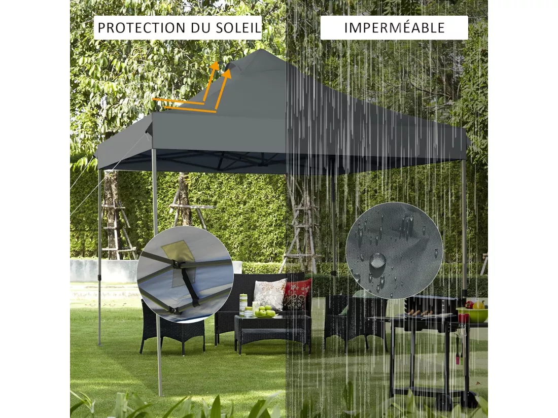 Tonnelle de Jardin Escamotable Pliable 3x3M, Tente de Fête Imperméable Protection Solaire 3 Hauteurs 305/320/335 cm avec Sac de Rangement à roulettes, pour Marché Patio(Gris)