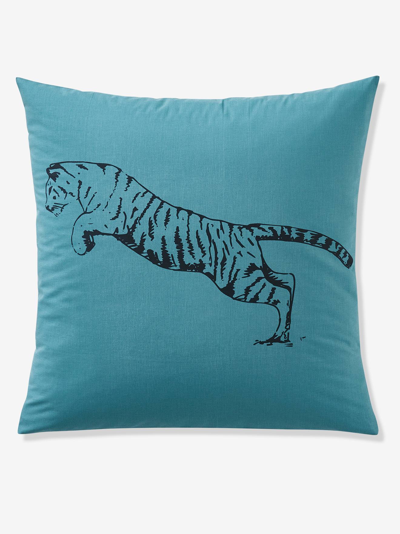 Conjunto de capa de edredom e fronha Tiger em azul médio liso com estampas.