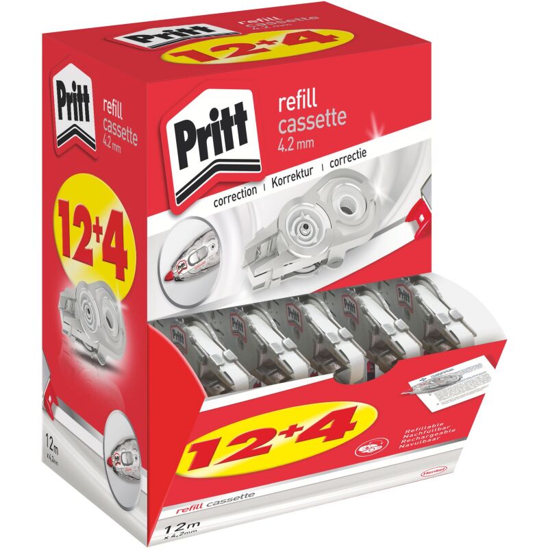 Pack de 12 recharges pour correcteurs à sec rechargeables Flex Roller Pritt largeur 4,2 mm - Longueur 12 m + 4 offerts
