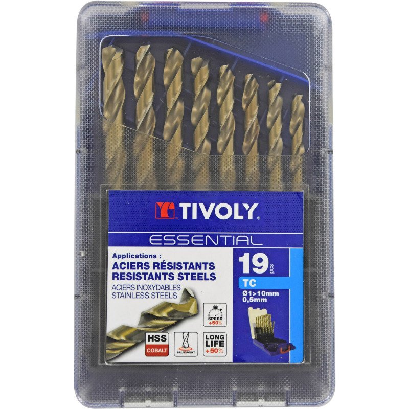 Forets métaux HSS-E5 Cobalt 5 % Tivoly Technic Ø 1 à 10 mm - Coffret de 19 pièces