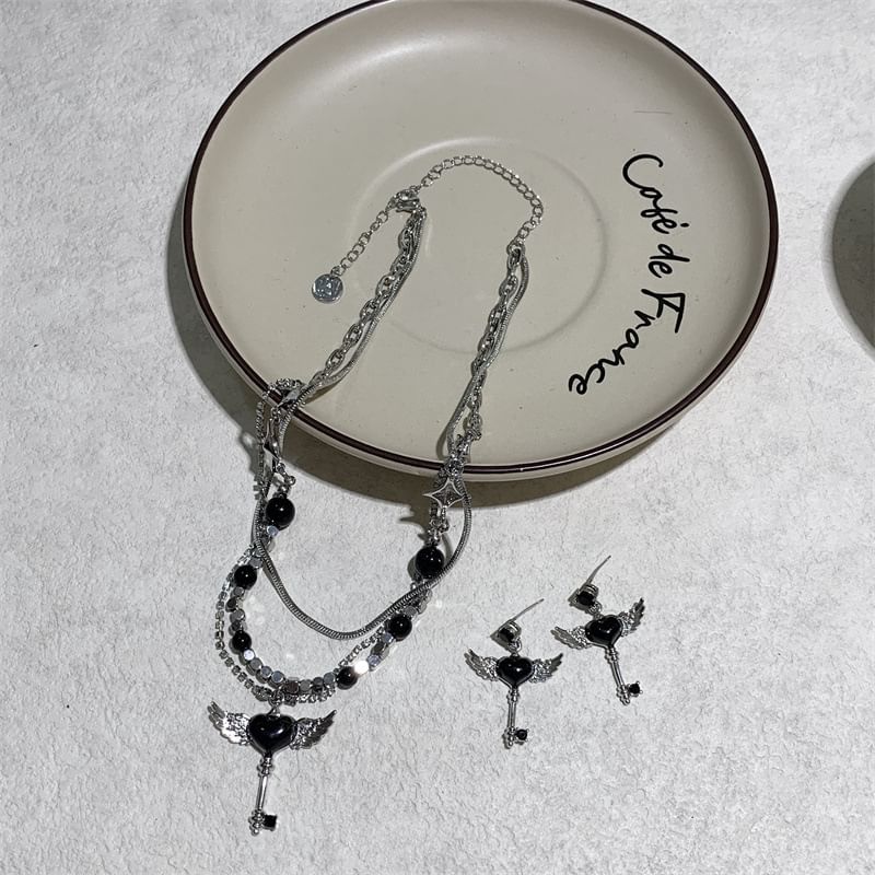 YANYUS - Wing Heart Key gelaagde ketting / oorbel
