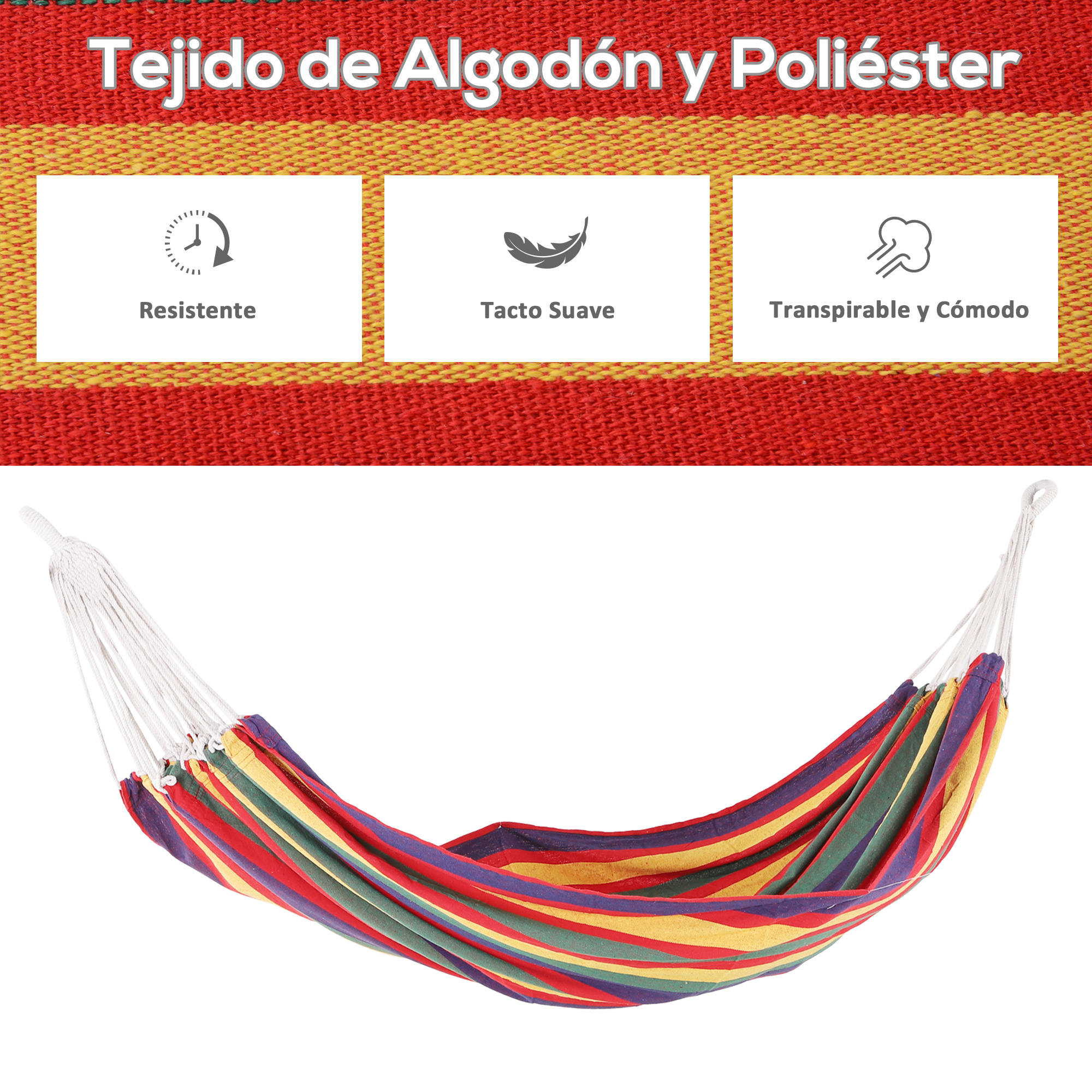 Rede de algodão Outsunny para jardim, 200x100 cm, rede suspensa portátil, carga máxima de 120 kg, ideal para camping, piscina e camping, com listras multicoloridas.