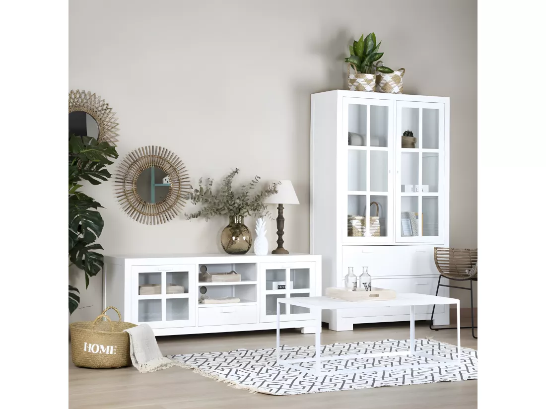 Meuble tv en bois massif blanc 160x60