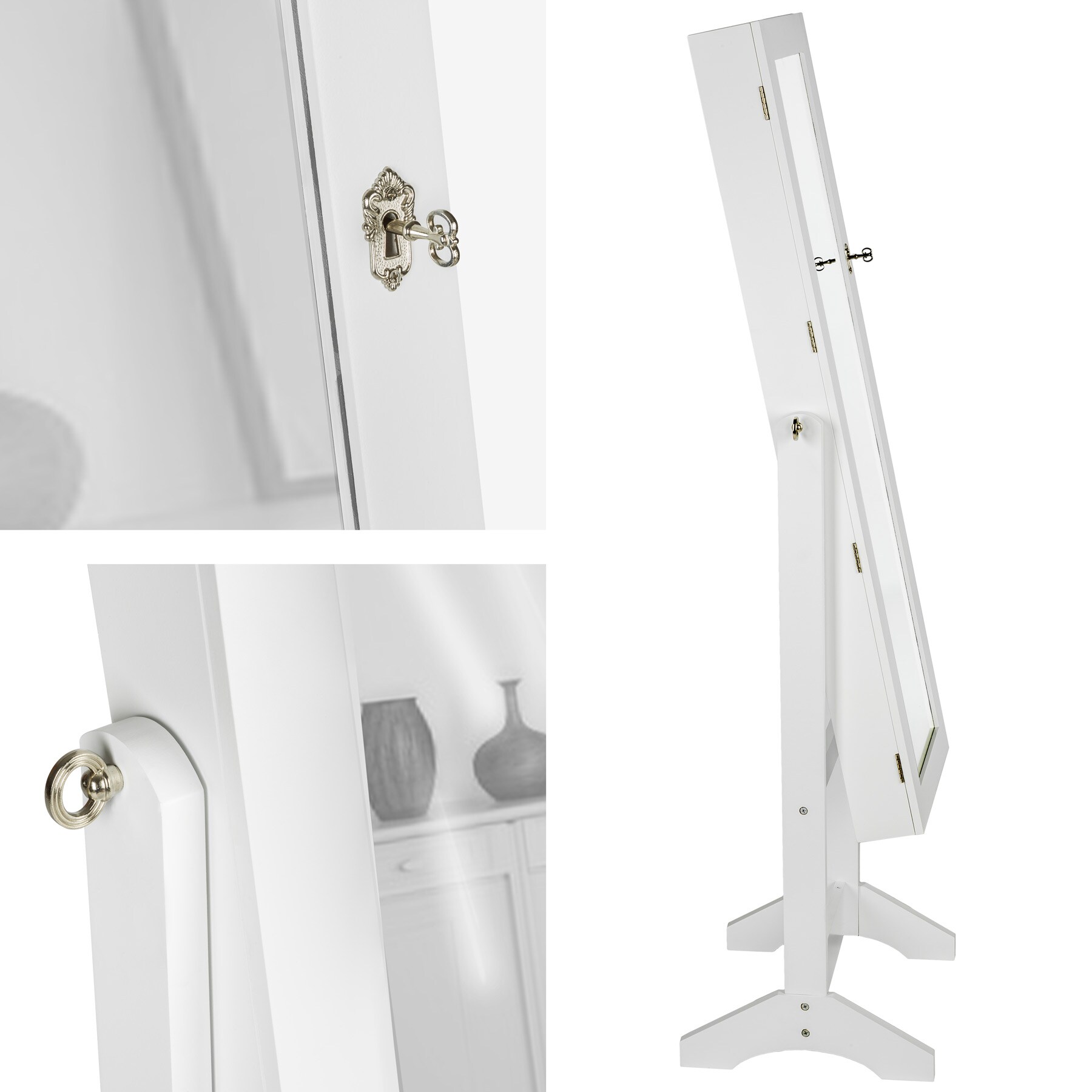 tectake® Schmuckschrank , mit Ganzkörperspiegel, aufgeteilter Innenraum mit Haken, Schlitzen und Löchern, abschließbar
