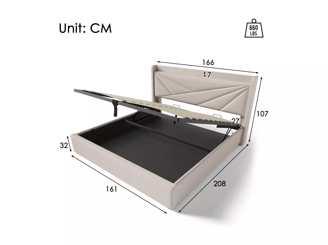Lit coffre 160 x 200 cm - USB + type C - tissu en lin - beige