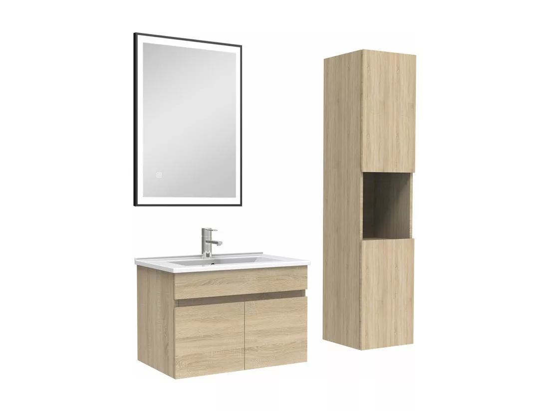 Meuble simple vasque 60cm avec colonne et miroir lumineux 3 couleurs chêne wotan