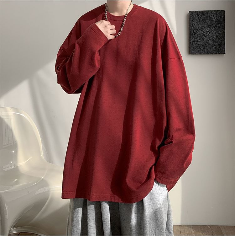 FOEV - T-shirt met lange mouwen, ronde hals en effen oversized print