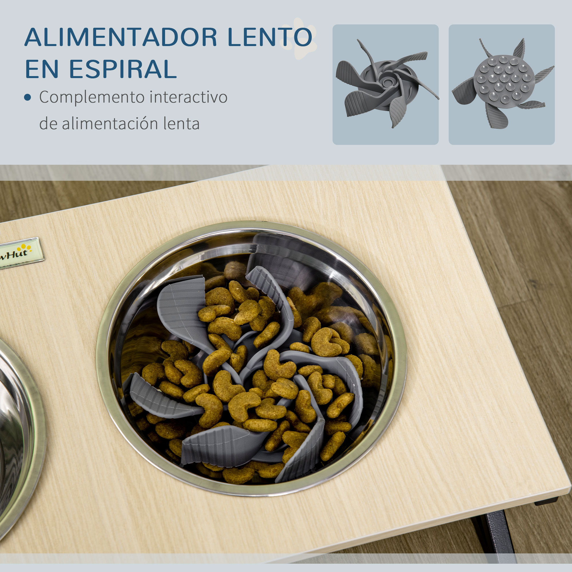 Comedouro elevado PawHut para cães com tapete e comedouro lento, inclui 2 tigelas de aço inoxidável, 1100 ml, para cães de porte médio, 60x30x18,5 cm, cor carvalho.