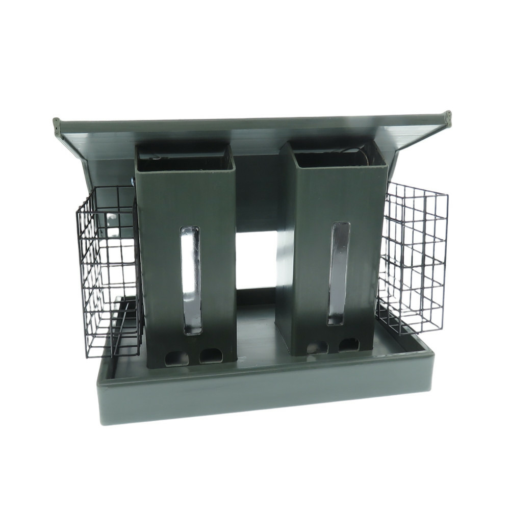 Mangeoire silo 2 en 1, graines et blocs, vert, bois composite, pour oiseaux