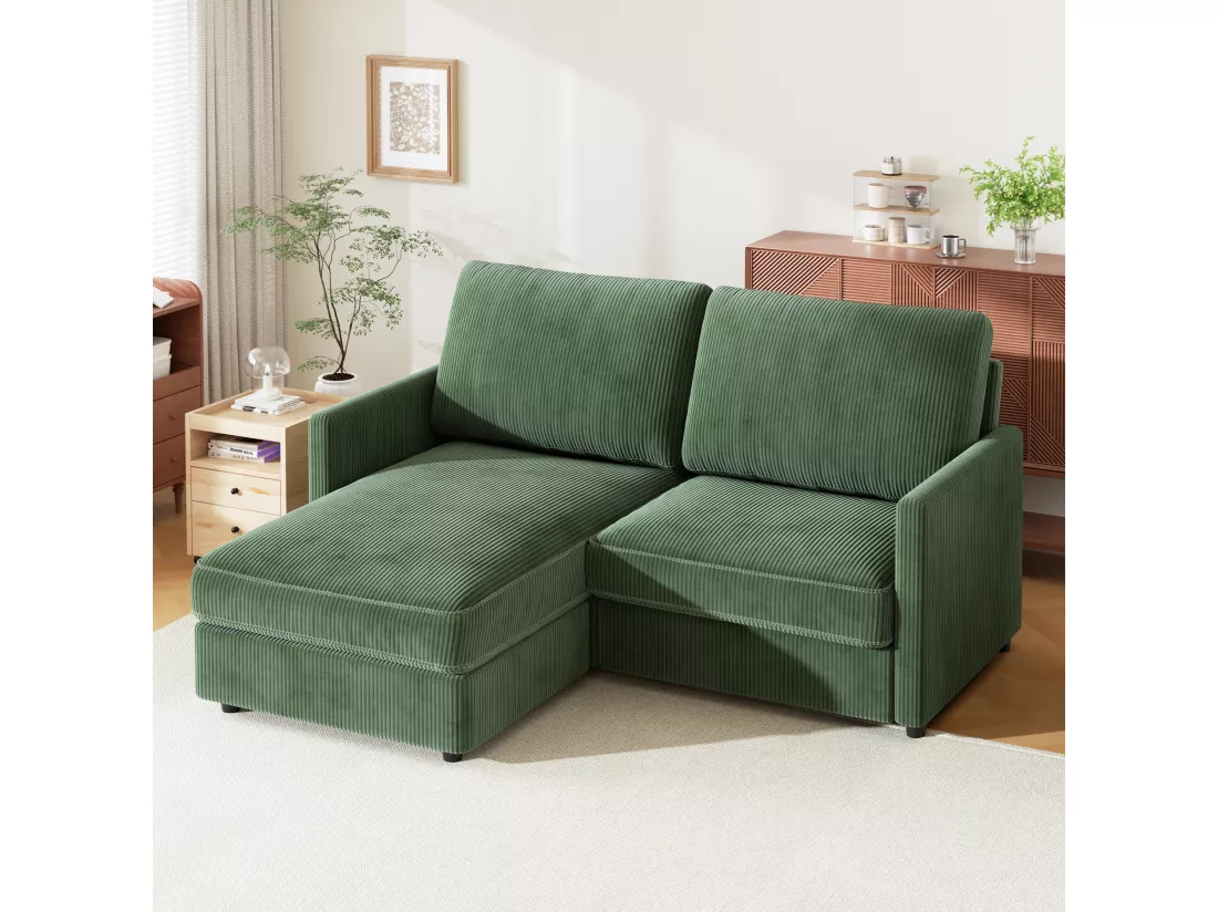 Canapé d'angle 2 places - angle droit / gauche réversible - 180x140x86cm - en Tissu Velours côtelé - Charge max 300kg - Vert