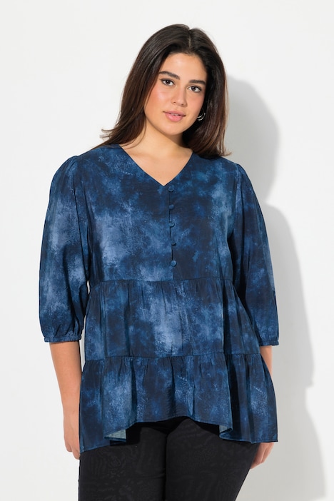 Bluse, Batikdruck, A-Linie, V-Ausschnitt, Langarm