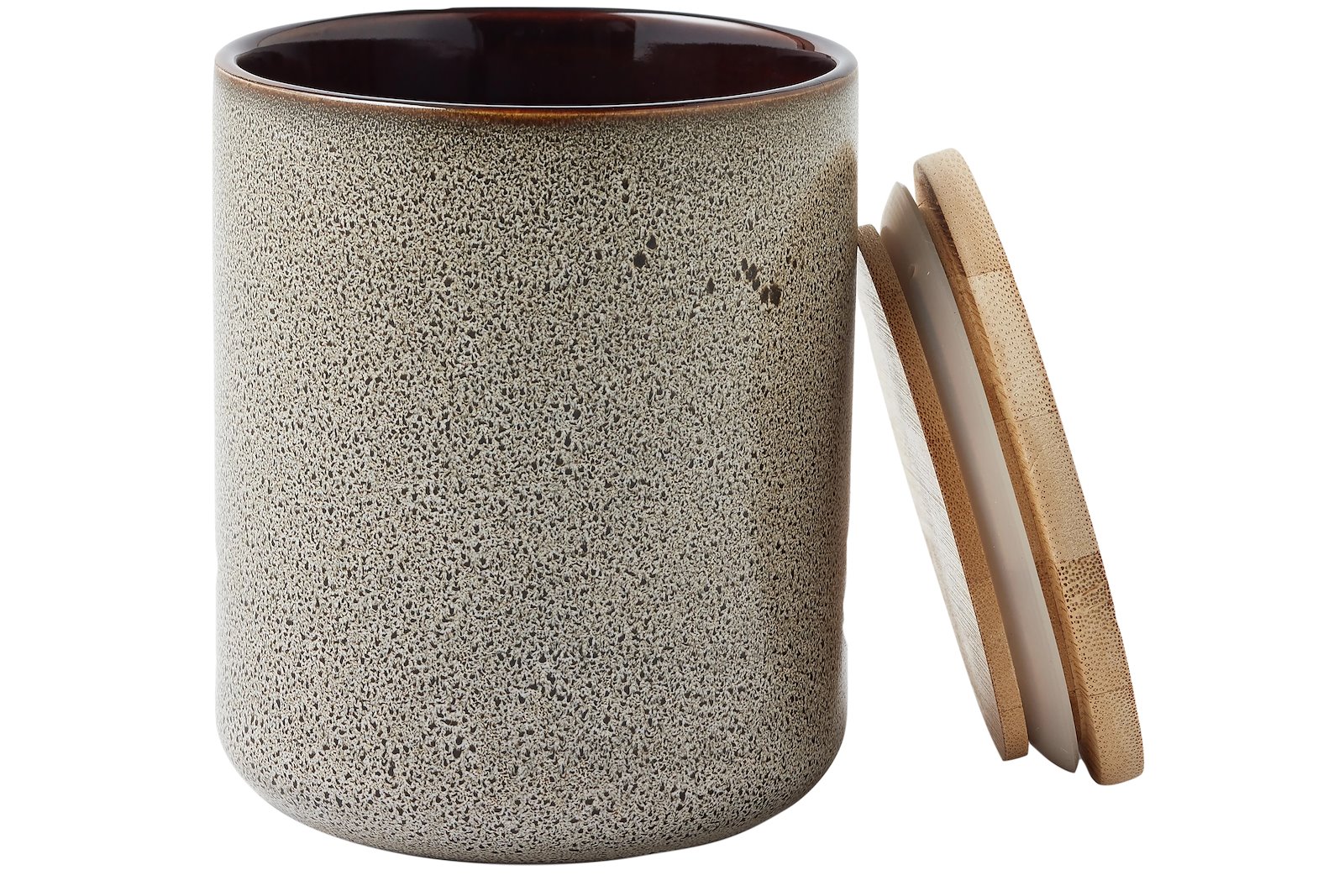 Cane krukke med lokk Gråbrun keramikk med bambuslokk. H:11,5 cm