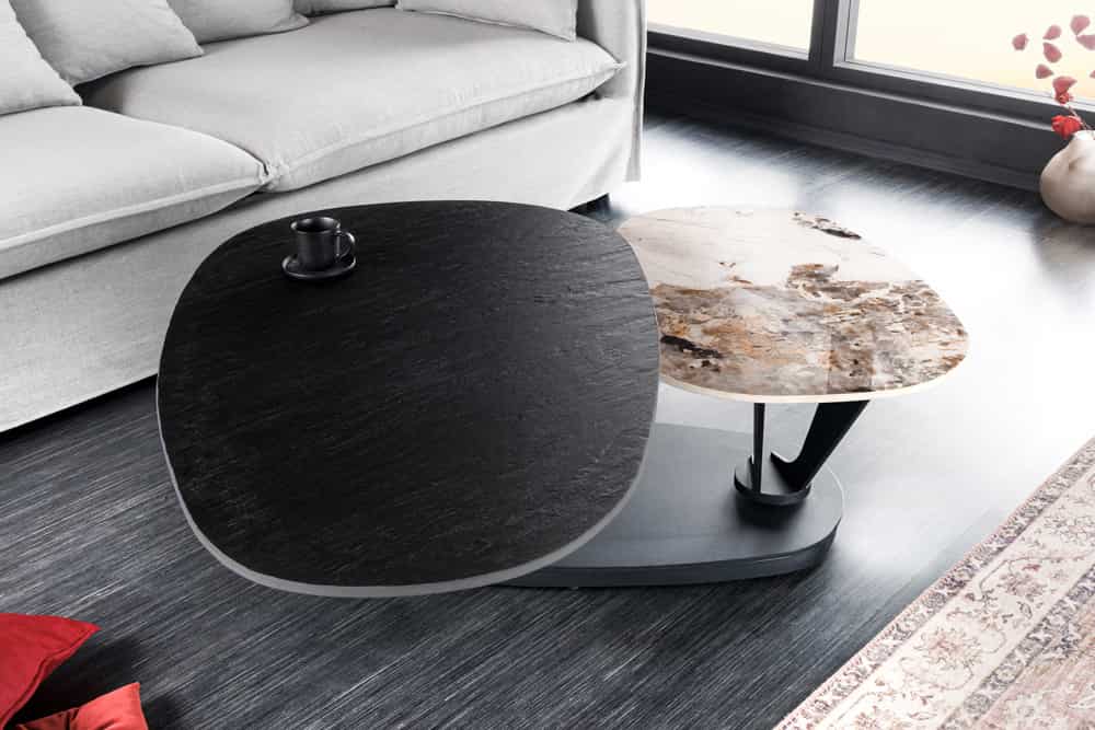 Design Couchtisch MOVEMENT schwarz rund drehbar Pandora Keramik Metallgestell