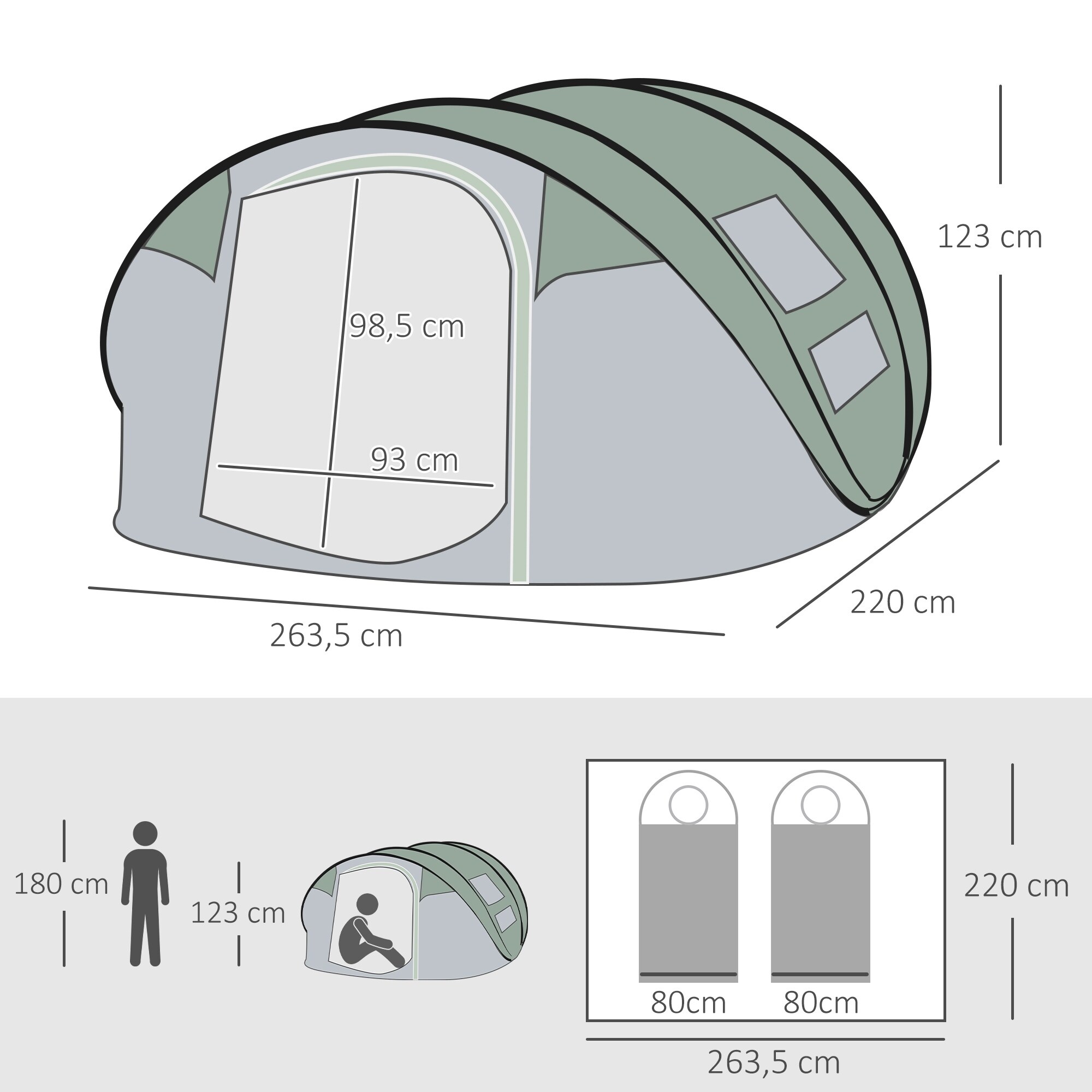 Outsunny Campingzelt für 4-5 Personen dunkelgrün, grau 263,5 x 220 x 123 cm (LxBxH)
