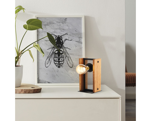 Tafellamp, 1-lichts, HxLxB 25x12x12 cm, Calandra, licht hout/zwart, met kabelschakelaar