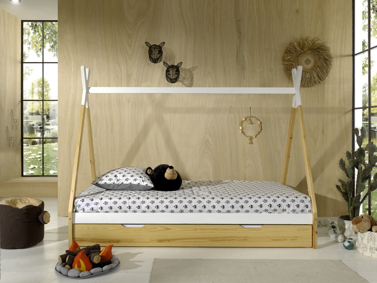 Tipi-Zelt-Bett - Kiefer-weiß - Schublade - Rolllattenrost - 90x200 cm