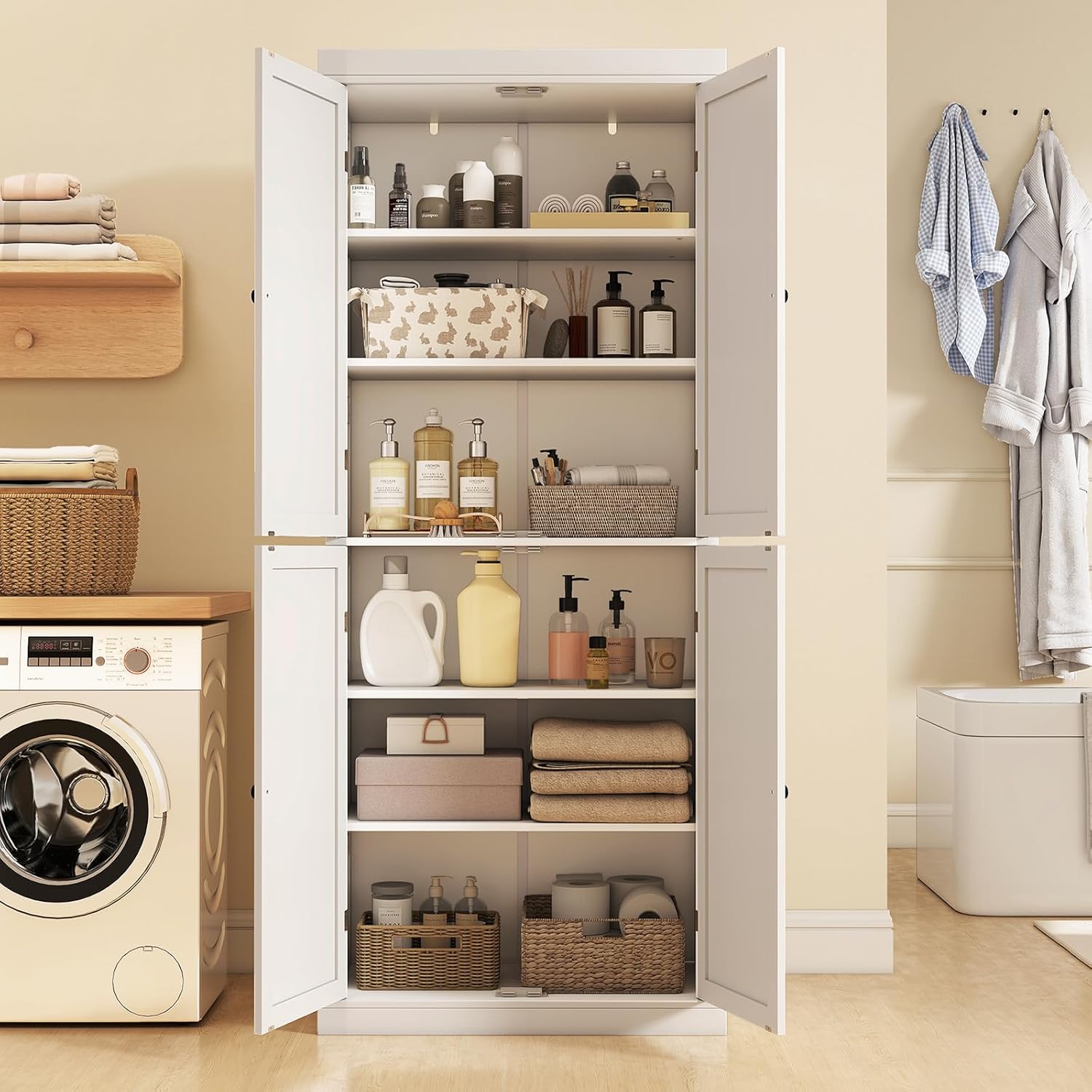 COSTWAY 6 stöckiger Küchenschrank, Hochschrank Küche mit 4 Türen & verstellbaren Regalen, Vorratsschrank freistehend, für Badezimmer, Wohnzimmer, Esszimmer, Büro, 76 x 40 x 184,5 cm, Weiß