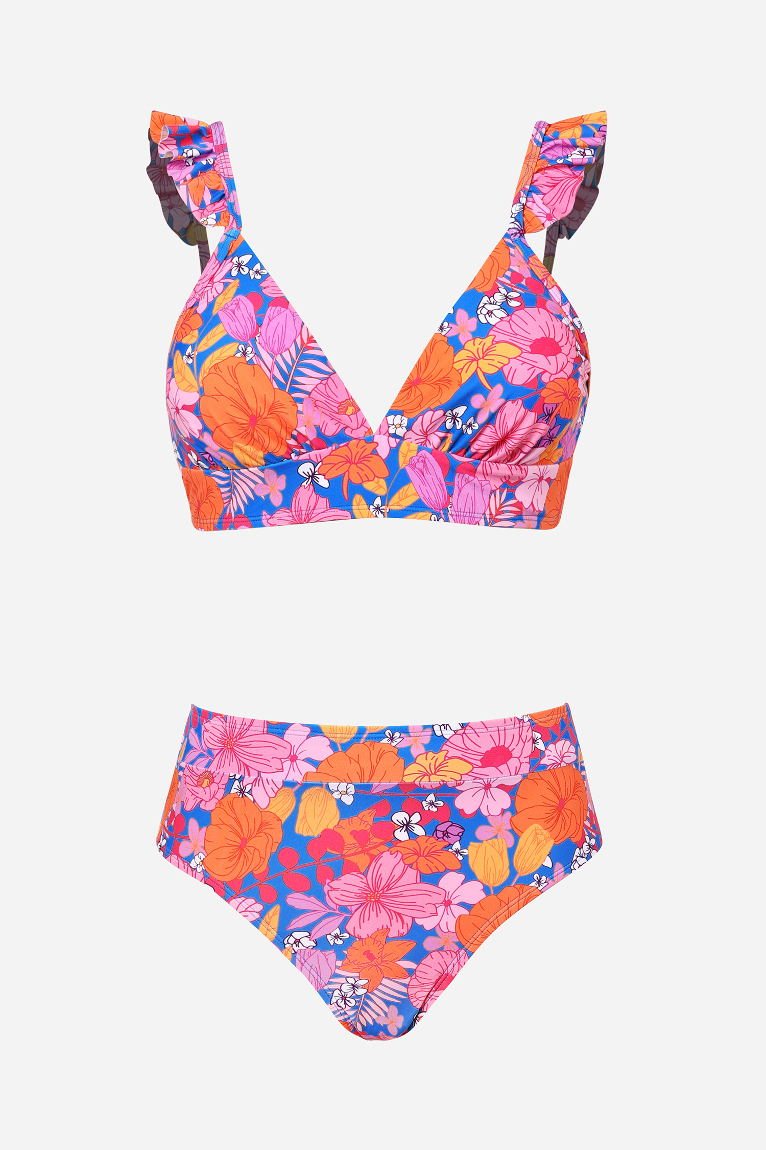 Bikini taille haute à volants et fleurs
