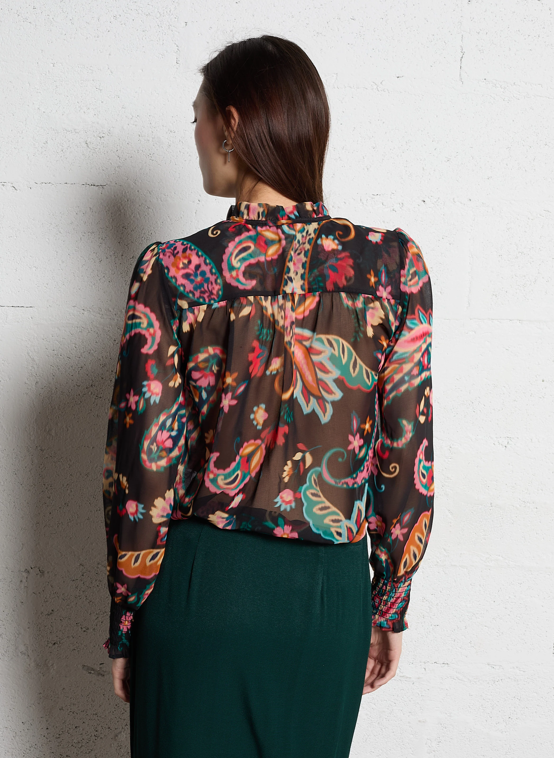 TASHEMIR - Blouse en mesh imprimée transparente | Noir