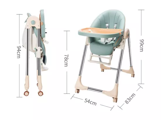 Chaise Haute Bébé Pliable Evolutive, Chaise Haute Enfant Réglable, Nettoyage facile, Avec Roulettes, Vert