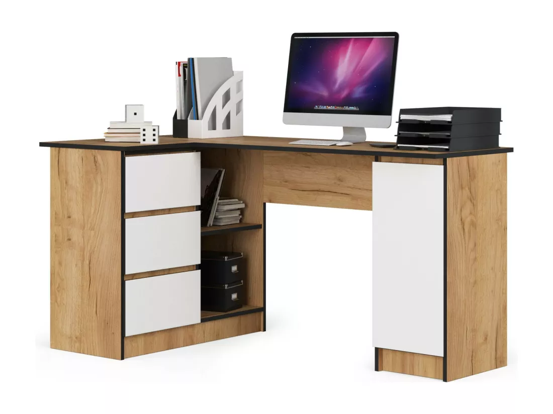 Grand bureau d'angle AKORD gauche B20 Chêne Craft 155 cm 1 porte 3 tiroirs façade Blanche 4 étagères 155x85x77 cm