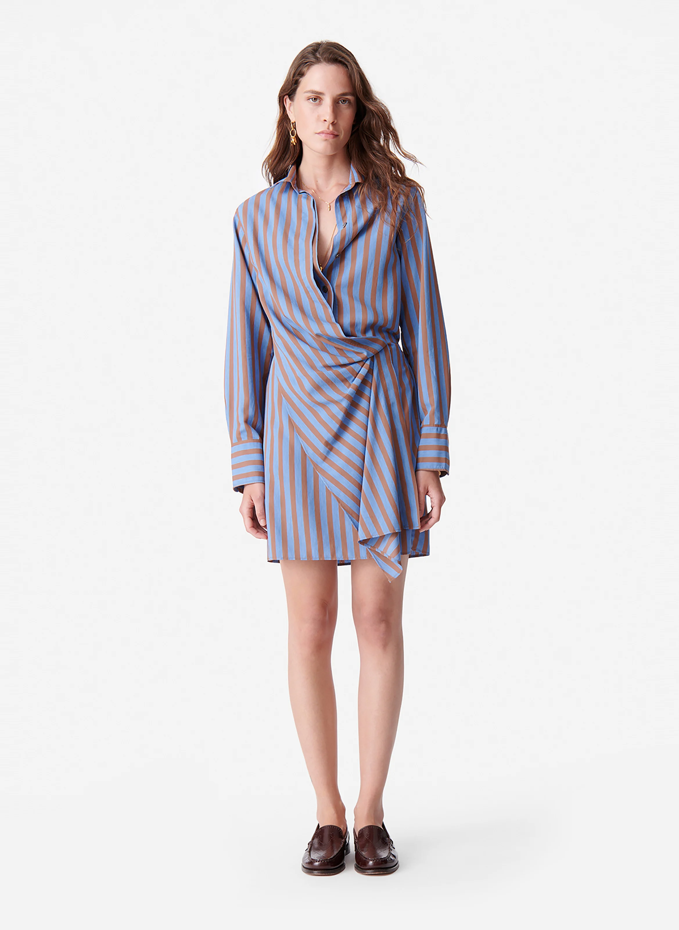 DEMI - Robe courte col classique en coton mélangé rayé | Bleu