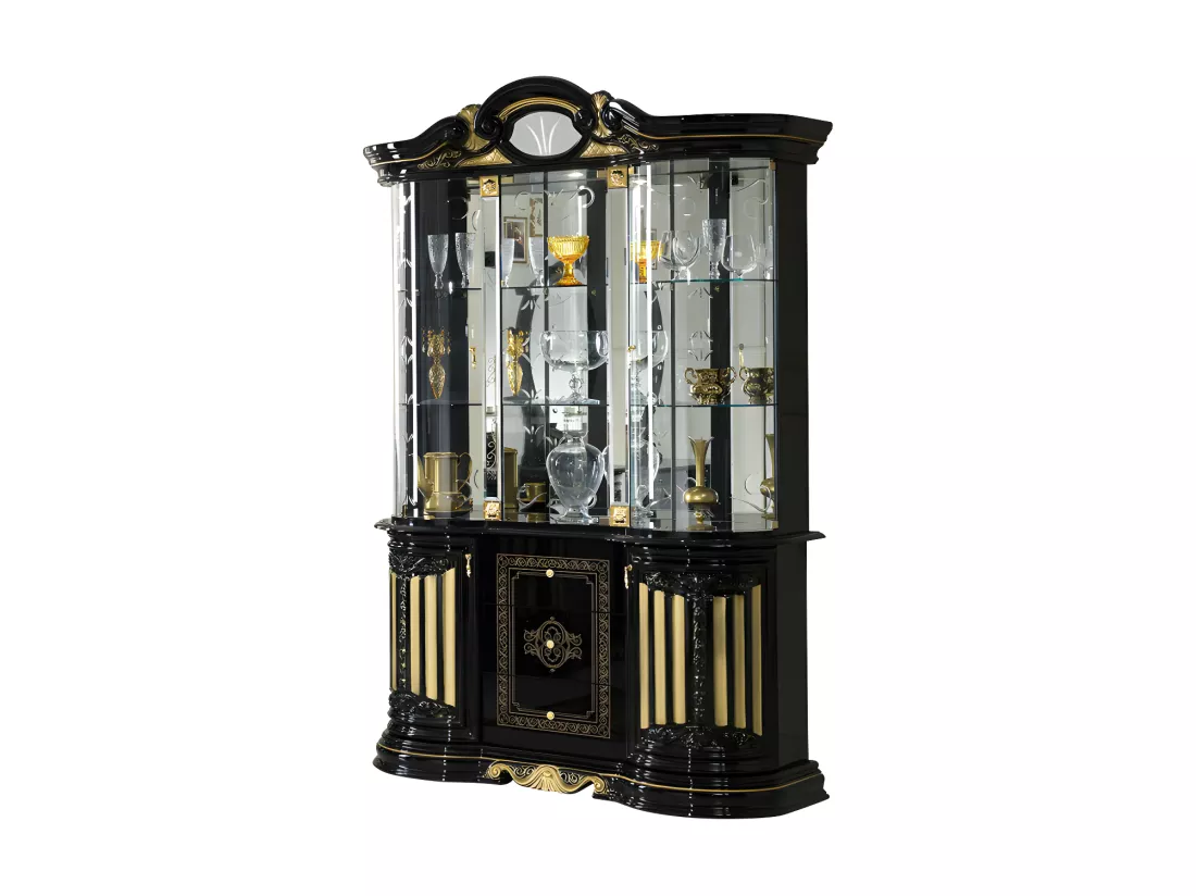 Vitrine 5 portes battantes 3 tiroirs Noir/Or à led - ADELE - L 139 x l 50 x H 213 cm