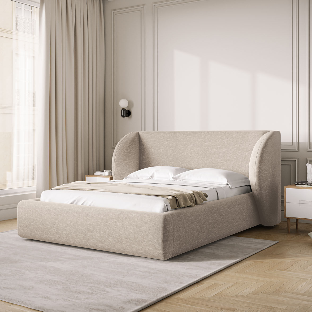 Micadoni Lit Coffre Chenille avec Tête de Lit Miley beige - 230x227x100 cm